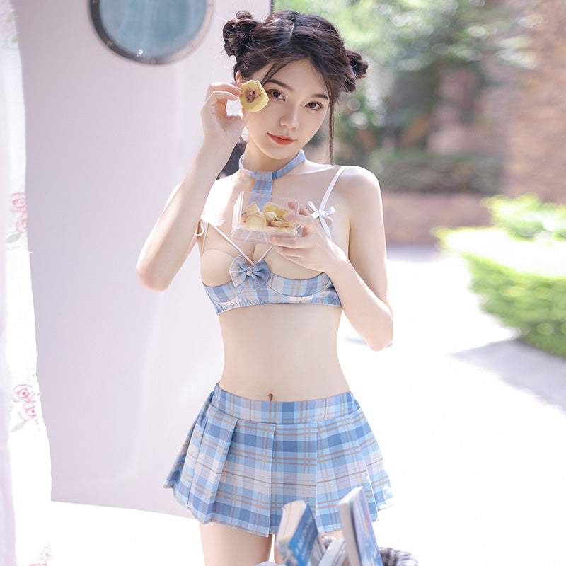 胸出し女子高生制服 過激ランジェリー 誘惑 エロ 可愛い ブルー