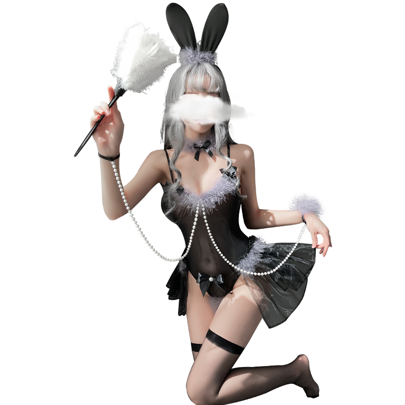 バニーガール ハイレグ 連珠鎖 もふもふウサギちゃん ブラック