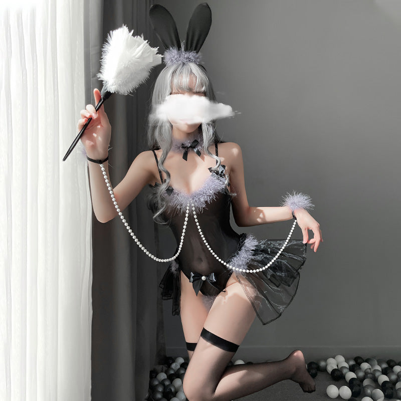 バニーガール ハイレグ 連珠鎖 もふもふウサギちゃん ブラック